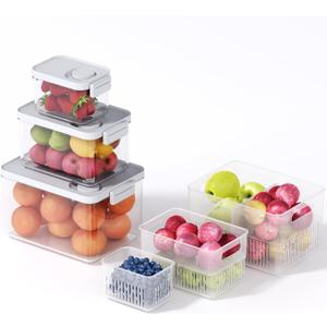 vacane 6 Pack Large Fruit Storage Containers for Fridge with Timing Knob, Produce Saver with Colanders, Lettuce Keeper Vegetable Food Fresh - Dishwasher Safe