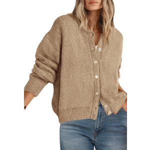 PRETTYGARDEN Long Sleeve Crewneck Button Down Womens Sweaters Fall Open Front Chunky Cardigan Sweaters for Women 2025 (Large, Khaki)