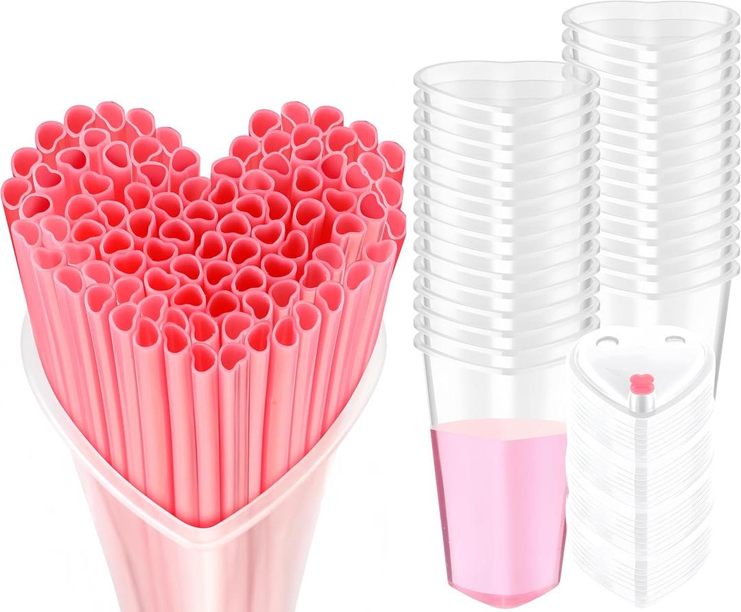 60 Sets Heart Shaped Plastic Cups with Straws 16 oz Disposable Cups with Lid and Straws for Valentines Birthday Wedding Anniversary Party Supplies (White and Pink)