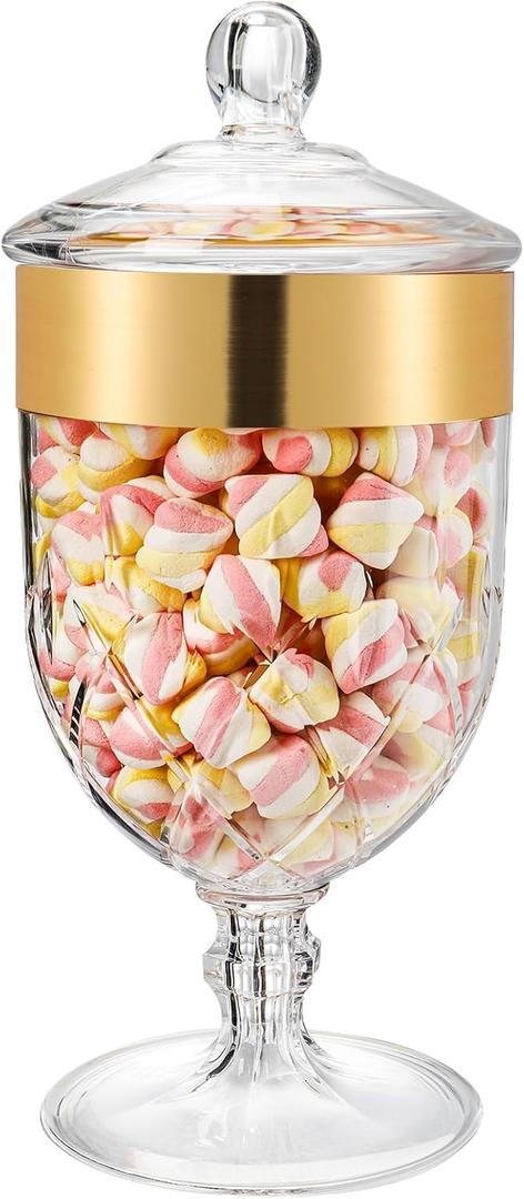 Hacaroa 76 Oz Large Plastic Apothecary Jar with Airtight Lid, Acrylic Candy Cookie Jar for Candy Buffet, Decorative Footed Wedding Container Bathroom Canister for Bath Salt, Vanity, Party, Gold Trim