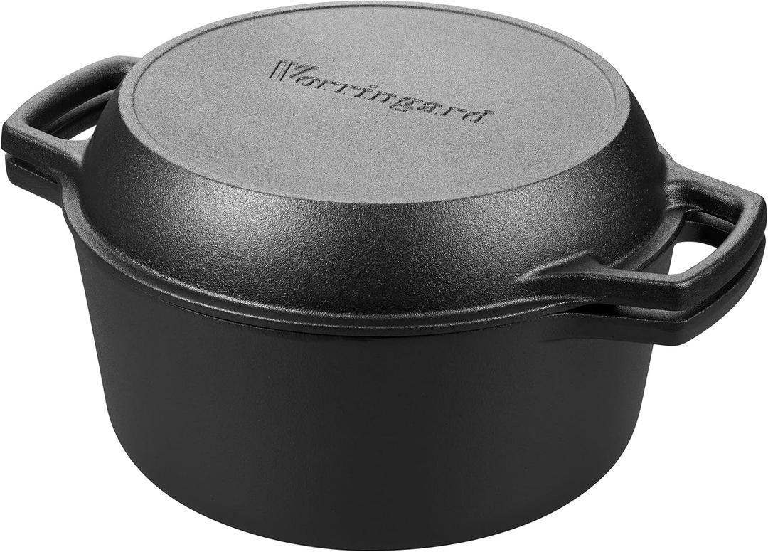 Pre-seasoned Cast Iron Double Dutch Oven Pot with Skillet Lid, Dual-handle, for Bread Baking, Outdoor, Campfire Cooking, 5 Quart