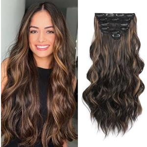 Fliace Clip in Hair Extensions, Highlight balayage dark brown Hair Extensions, Hairpieces, Natural & Blends Well (20inch, 6pcs, Dark roasted coffee & Caraamel brown)
