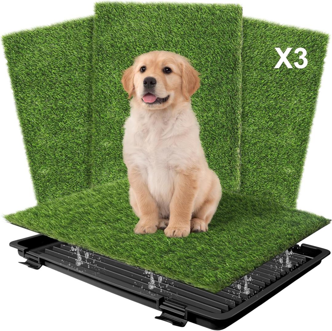 Grass Pad with Tray: Reusable Dog Training Pad - 3-Pack Replaceable Artificial Grass - Portable Potty, Absorbent Indoor/Outdoor, Washable, 22'x18' Black (Black Tray)