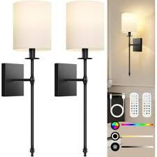 14.5 Inch Black Battery Operated Wall Sconces Set of 2, Rechargeable Wireless Wall Lights with Remote & White Fabric Shade, Indoor Not Hardwired Dimmable Wall Lamps for Bedroom, 2 Bulbs Included