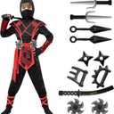 Spooktacular Creations Halloween Ninja Costume Kids, Ninja Dragon Jumpsuit Set, Boys Halloween Costume for DressUp Party (Medium(8-10 yrs), Black+red)