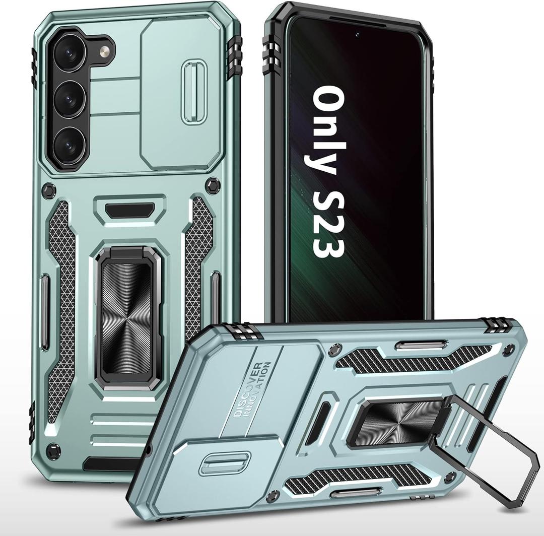 ANGELAS Shockproof Phone Case for Samsung Galaxy S23 - Silicone TPU Bumper with Anti-Fall Protection,Slide Camera Cover & Rotating Ring Kickstand,6.1Inch,Alpipne Green