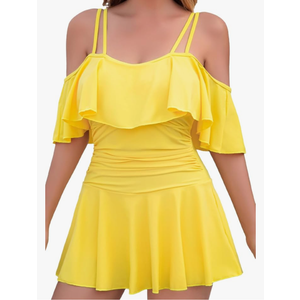 COCOPEAR Women's One Piece Flounce Swimsuit Off Shoulder Bathing Suit Tummy Control Swimdress L Yellow