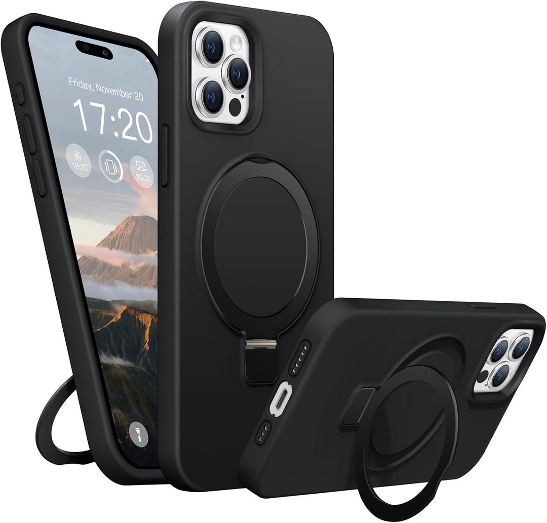 Soft Liquid Silicone Case for iPhone 15 Pro Max with Magnetic Invisible Stand, Military Grade Shockproof Protection, Anti-Scratch Microfiber Lining Covers for iPhone 15 Pro Max, Black