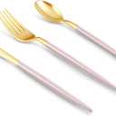 150 PCS Pink Gold Plastic Utensils for 50 Guests, Gold Disposable Silverware with 50 Knives, 50 Spoons and 50 Forks, BPA Free, Ideal for Weddings, Birthdays & Graduation