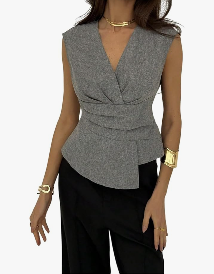 SweatyRocks Women's Pleated Sleeveless Work Blouse Elegant V Neck Asymmetrical Tank Top, Large
