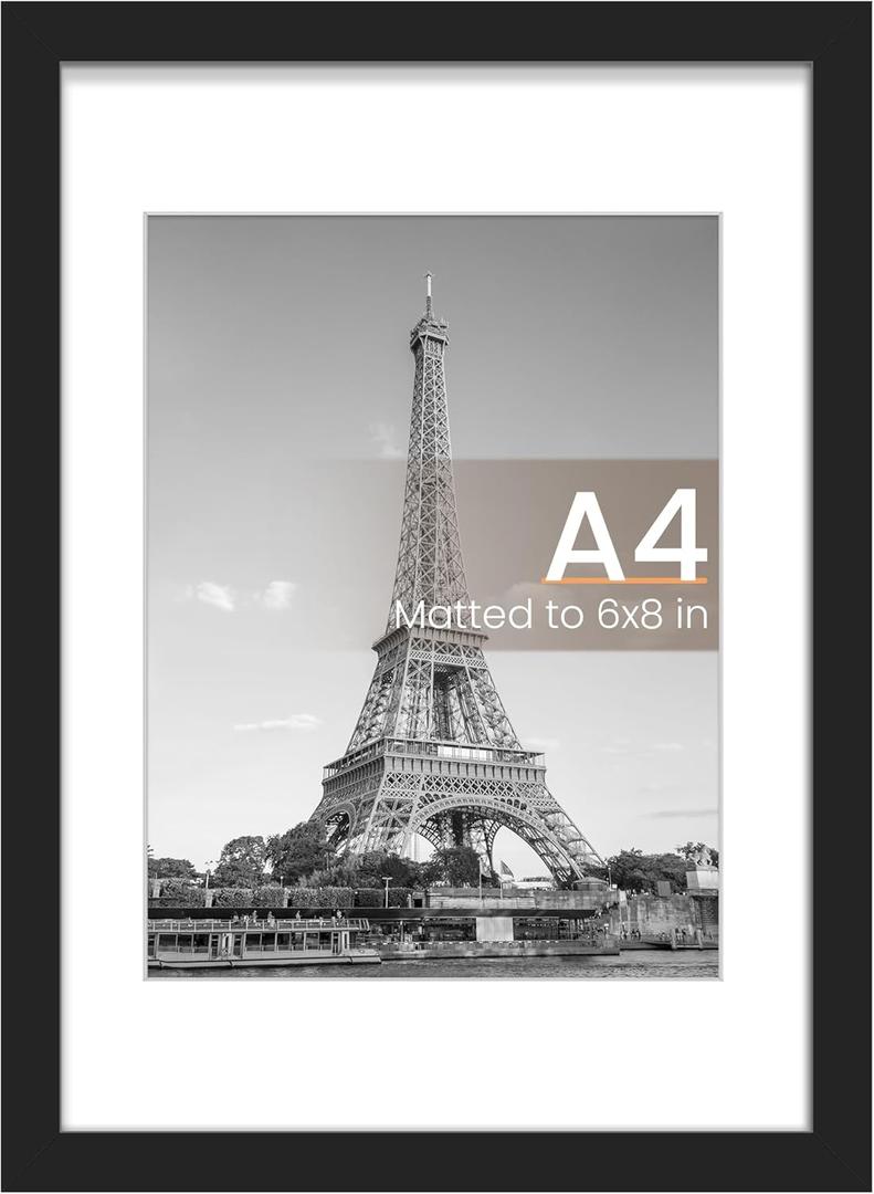 upsimples A4 Picture Frame, Display Pictures 6x8 with Mat or 8.3 x 11.7 Without, Wall Hanging Photo Frames, Black, 1 Pack