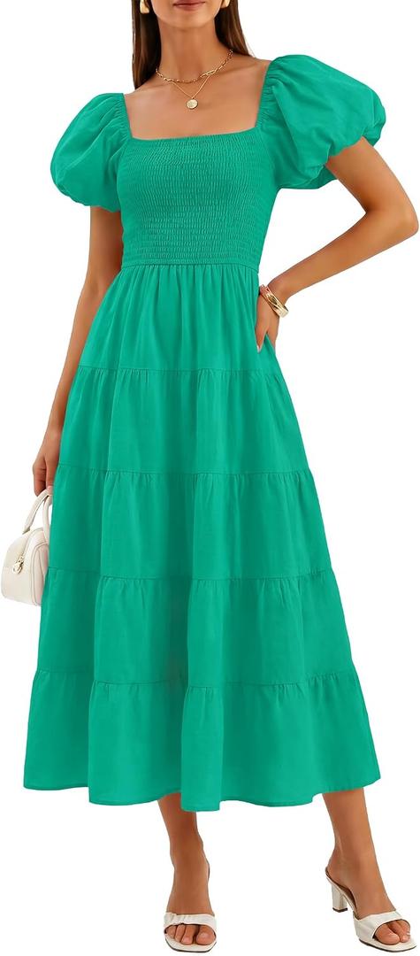 ZESICA Women Summer Puff Sleeve Boho Wedding Guest Midi Dress | High Wasit, Backless, Flowy A Line Tiered, 2026 Trendy, Casual Beach Vacation, Baby Shower Tea Party, Soft Lightweight Fabric (Green)