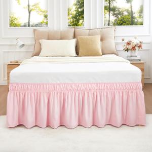 Vocander Pink Bed Skirt Queen Size 14 Inch Drop, Elastic Wrap Around Dust Ruffle Bed Skirting Easy to Put, Adjustable Tailored Bedskirts Fade & Wrinkle Resistant