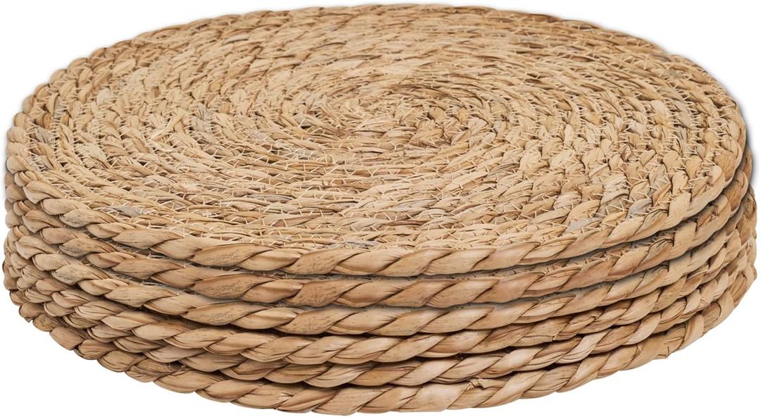 Defined Deco Woven Placemats Set of 6,12" Round Rattan Placemats, Natural Hand-Woven Water Hyacinth Placemats, Farmhouse Weave Place Mats, Rustic Braided Wicker Table Mats for Dining Table, Home, Wedding.
