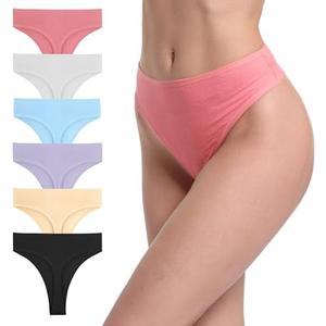 GAREDOB 6 Pack Women's Ribbed Cotton Thongs High Waist Seamless Panties Plus Size High Rise No Show Underwear L