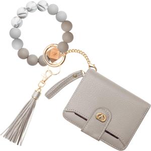 Multi-Purpose Wallet High Capacity Card Holder Zipper Coin Purse with Wristlet Bracelet Keychain Silicone Beaded Bangle Key Ring (Anti Theft Silicone Bracelet(16 Cards)-grey)