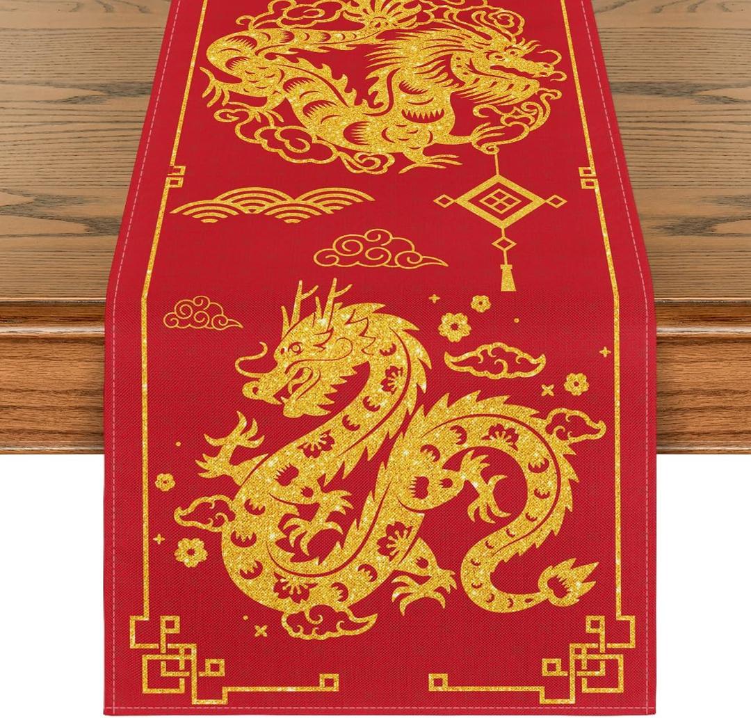 Artoid Mode Chinese Zodiac Dragon 2025 Happy New Year Table Runner, Spring Festival Winter Kitchen Dining Table Decoration for Home Party 13x108 Inch (Red/Yellow)