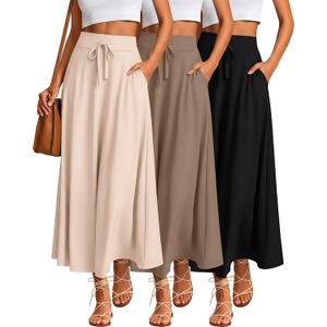 Riyiper 3 Pack Women's Maxi Skirts Long Skirts with Pockets Lightweight a Line Drawstring Ankle Length Flowing Casual Summer, Small