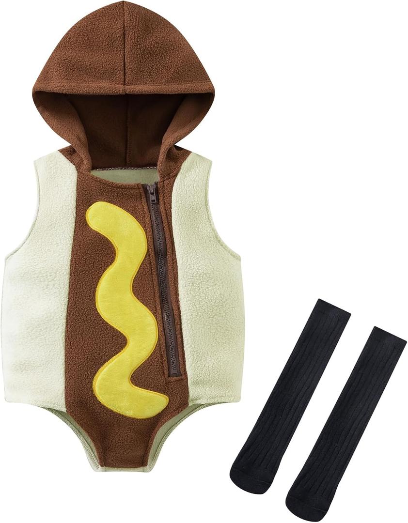 Infant Baby Outfits Girl Boy Hot Dog Hooded Sleeveless Romper Funny Food (6-12 Months, Brown)