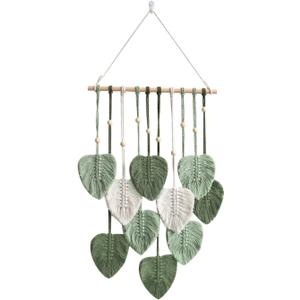 Avoik Macrame Wall Hanging Boho Woven Tapestry Handmade Home Wall Decor Bohemian Leaf Modern Chic Wall Art Green Feather Decorations for Living Room Bedroom Apartment Nursery Farmhouse Backdrop