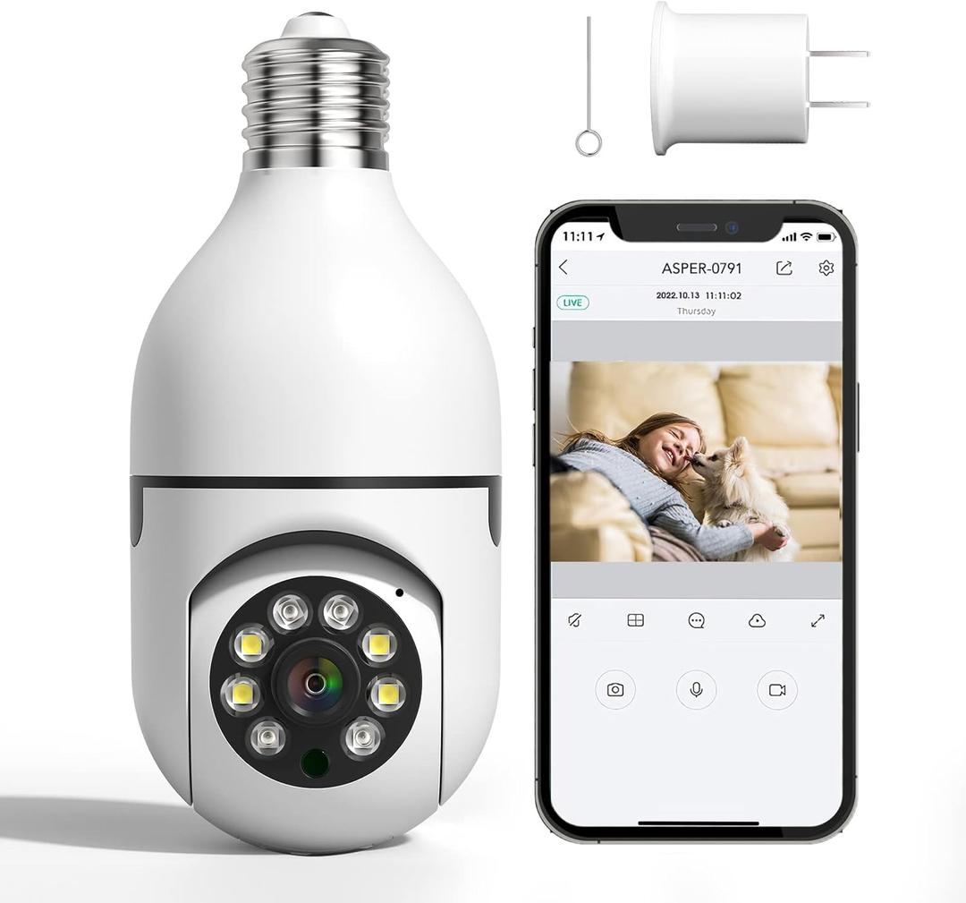 2 Pcs Light Bulb Security Cameras Wireless Indoor 355 Degree Pan/Tilt 3MP Camera Surveillance with Motion Detection Alarm Night Vision Two-Way-Talk Supported 2.4GHz WiFi (Not Compatible 5G WiFi)
