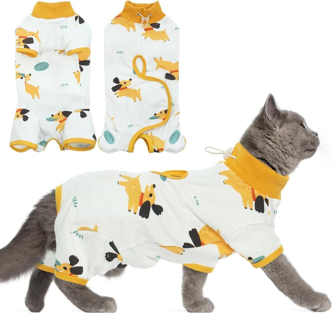 DENTRUN Cat Surgery Recovery Suit Female Male Soft Onesie, Kitten Surgical Collar Cone Alternative Shirt, Abdominal Wounds Anti-Licking Pajama for Small Pets Spay, Cat Body Suit Post Surgery (Yellow Puppy), M 