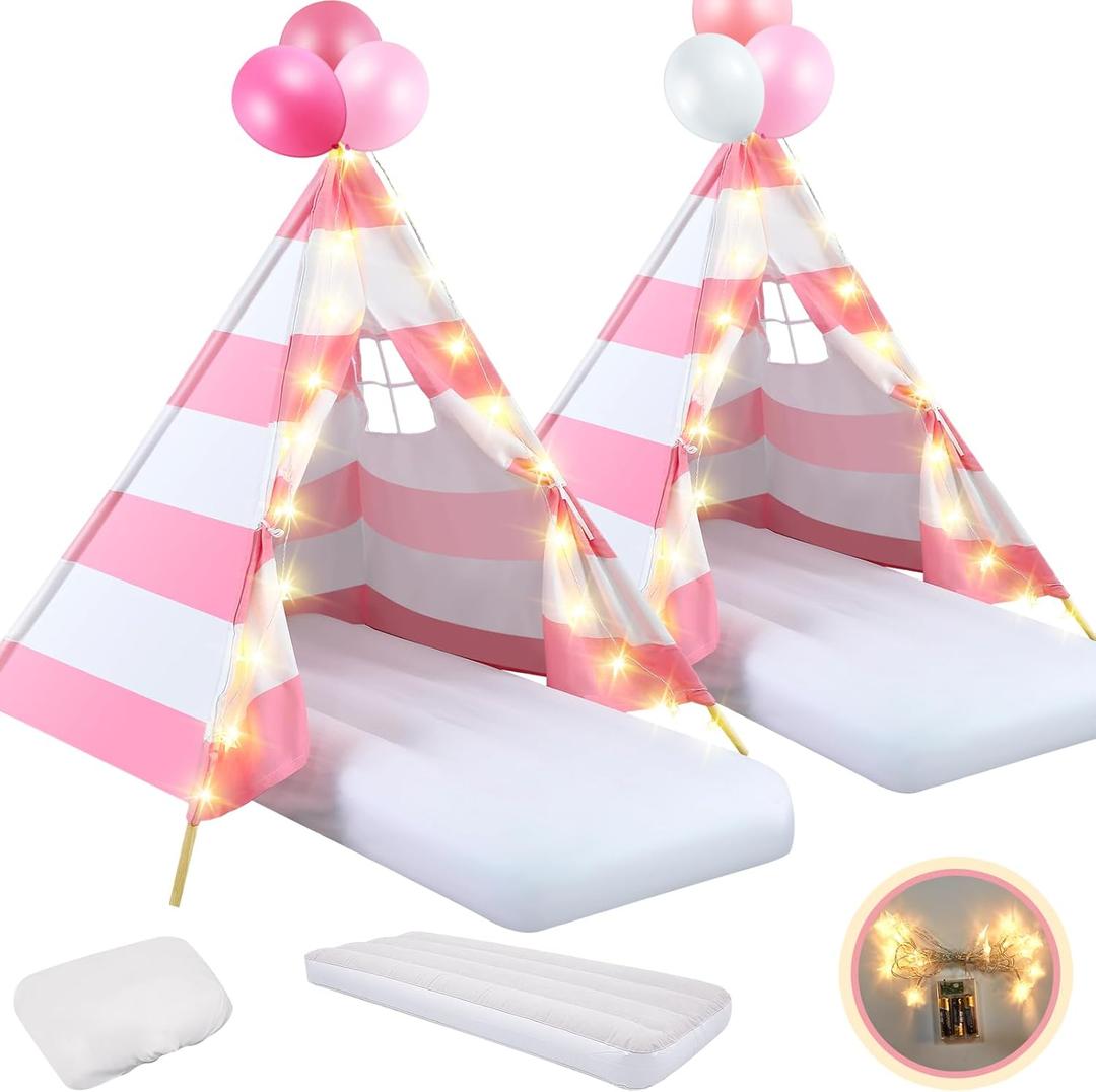 2 Pack Kids Teepee Tent with Mattress,Fitted Sheet,Light String,Washable Natural Cotton Toddler Play Tent for Girls Boys Indoor Outdoor Sleepover Slumber Birthday Party(Pink and White)