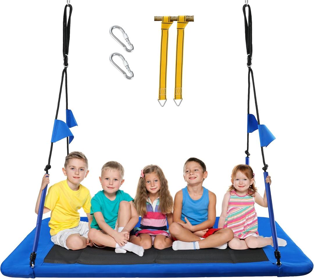 PACEARTH Rectangular Tree Swing Set for Children and Adults Heavy Duty Support 700LBS with Foam Protected 8-Strand Ropes and Thickened Hardware Easy to Install Outdoor Kids Swing, Colorful with Flags (Blue)