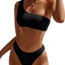 Limeeke Women One Shoulder Bikini Set Ribbed Textured Two Piece Swimsuit High Cut Cheeky Bathing Suit (Medium, Black)