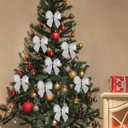 PEUTIER 6 Rolls Glitter Christmas Wired Ribbons, 2.5" Wide Silver Glitter Snowflake, Striped, Floral Pattern Christmas Tree Ribbons for Crafts, Wreaths, Gift Wrapping (36yd Total Length)