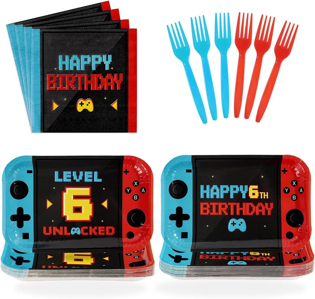 96Pcs Video Game 6th Birthday Decorations Level 6 Birthday Party Plates and Napkins Level Up Disposable Tableware for 6 Years Old Boy Gaming Birthdays Decorations