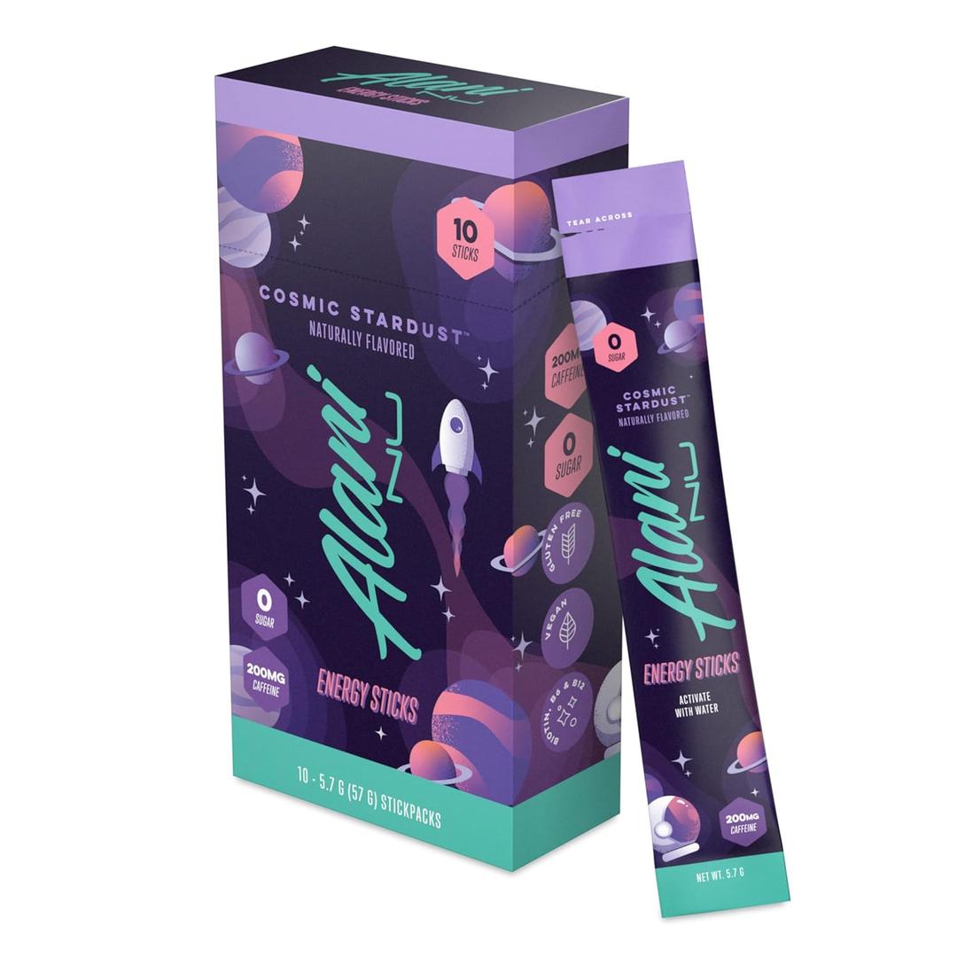 Alani Nu COSMIC STARDUST, Energy Sticks Drink Powder, 200mg Caffeine, Pre Workout Performance with Antioxidants, On-The-Go Drink Mix, Biotin, B Vitamins, Zero Sugar, 5 Calories, 10 Pack, EXP: 08/2026