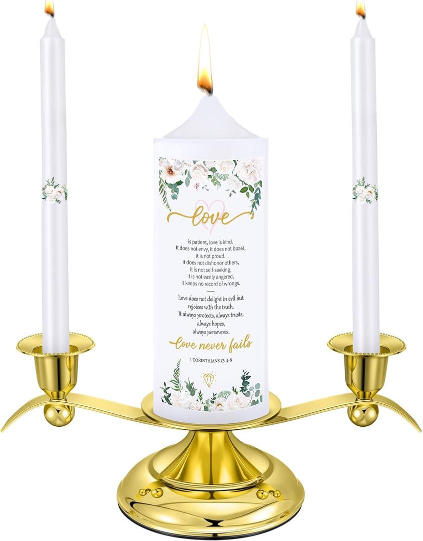 Landhoow 3 Unity Floral Candles for Wedding Ceremony Set with Golden Holder White Pillar and Taper Candles Religious Wedding Catholic Anniversary Big Events Gifts for Couple