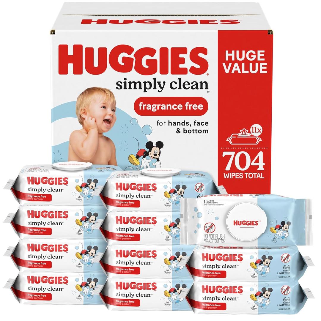 Huggies Simply Clean Baby Wipes, Unscented, 11 Packs, 704 Wipes
Fragrance Free, Soft & Strong, Everyday Cleanup, Thick & Absorbent, No Harsh Irritants, 1-Handed Dispensing
