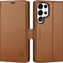 SHIELDON Wallet Case for Galaxy S25 Ultra, Genuine Leather Case with Kickstand RFID Blocking Card Holder Magnetic Shock Absorbing Cover Compatible with Galaxy S25 Ultra 6.9" 2025 - Saddle Brown