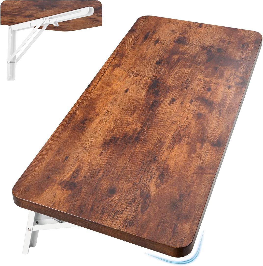 Neoaider Wall Mounted Folding Table 31.5”L x 15.7”W, Brown | Laundry Folding Table with Heavy Duty Metal Collapsible Shelf Brackets, Wall Mounted Desk Fold Down for Small Spaces