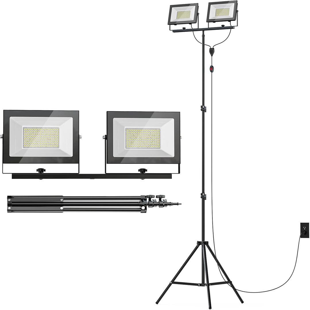 LIVOWALNY 22000 Lumens LED Work Lights with Stand, 2 Adjustable Head 220W Tower Light with 13FT Cord, Portable IP65 Waterproof Tripod Flood Light for Workshop Garage Construction Mechanics Lighting