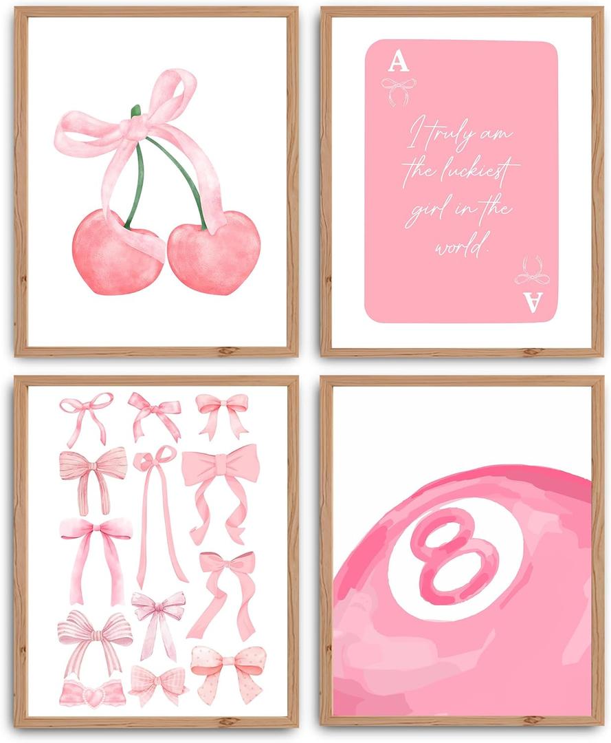 3 x Pink Coquette Trendy Preppy Wall Art Prints, Pink Bow Disco 8 Ball Cherry Wall Decor Posters for Girls Bedroom Dorm 11 X 14 Inch(UNFRAMED) (Black)