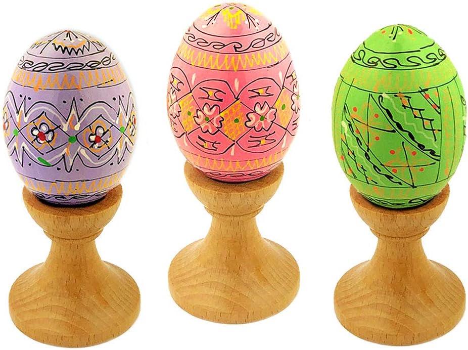 Religious Gifts 3 Pastel Color Ukrainian Wooden Easter Hand Painted Eggs Pysanky on Stands Egg Holders 3 1/2 Inch