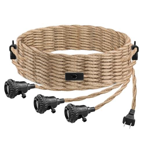 LYOOWNG 3 Light Plug in Pendant Light Cord, 25FT Hanging Lights with Plug in Cord, Hemp Rope Hanging Light Kit with 2 Way Switch, Farmhouse Pendant Light Kits DIY HangingLight