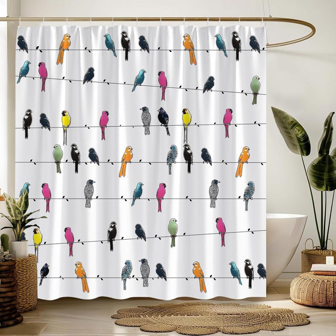 Bird Shower Curtain Birds on Tree Cute Colorful Boho Floral Funny Animal Farmhouse,White 70" Wx70 H Fabric Bathroom Decor Curtain with Hooks