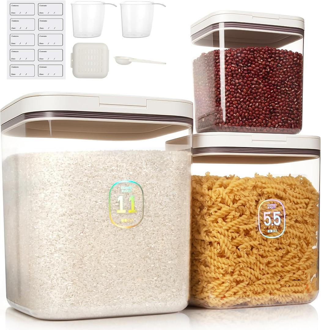 3 Pack Rice Storage Container 11.6 QT/5.8 QT/2.1 QT Flour Dispenser with Measuring Cup and Label Stickers for Kitchen Pantry Organization Storage Bins with Pop-up Lid for Food for Pasta Sugar Cereal, 9.44 inches x 11 inches