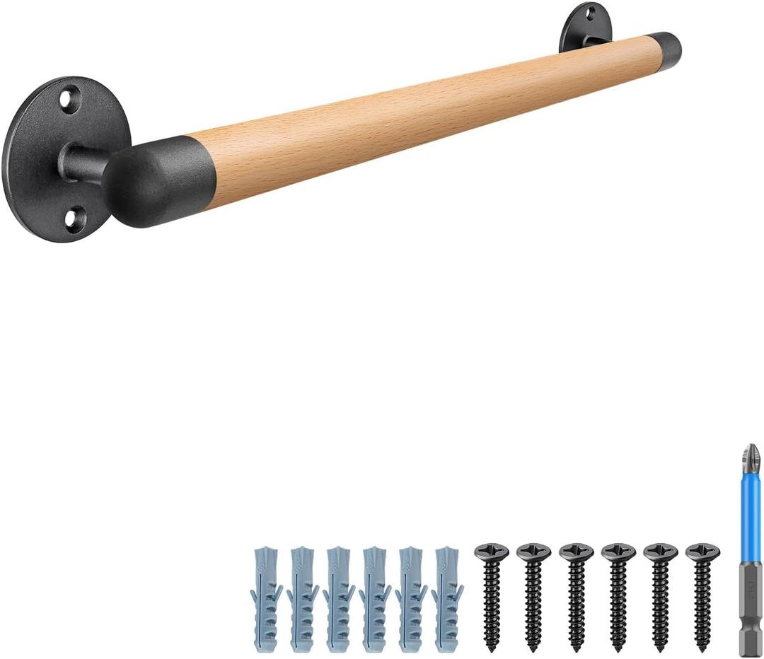 SELEWARE 26 Inch Wood Handrail Stair Handrail Drywall or Concrete Mount Handrail w/Sturdy Metal Base, Barrier-Free Staircase Grab Bar for Elderly, 1.3 Inch Round