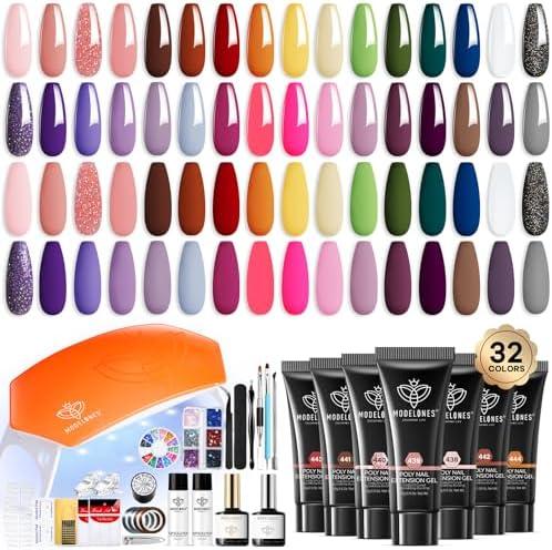 Modelones 133pcs Poly Extension Gel Nail Kit, 32 Colors All Seasons Poly Gel kit with Nail Lamp Slip Solution Builder Thickening Manicure Tools for Starter Salon DIY