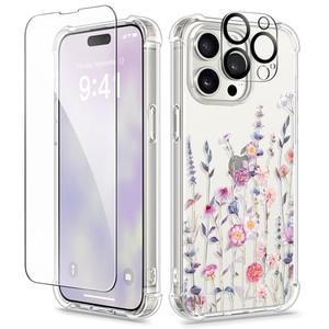 GVIEWIN for iPhone 15 Pro Case Floral, with Screen Protector & Camera Lens Protector,[Non Yellowing] Slim Shockproof Clear Phone Protective Cover for Women, Flower Pattern 6.1" (Floratopia /Colorful)