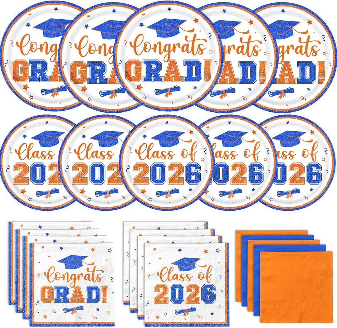 Graduation Decorations 2026,Orange and Blue Graduation Plates and Napkins 2026,200pcs Class Of 2026 Party Decorations Tableware for Graduation Party Supplies,Serve 50 (Orange and Blue)