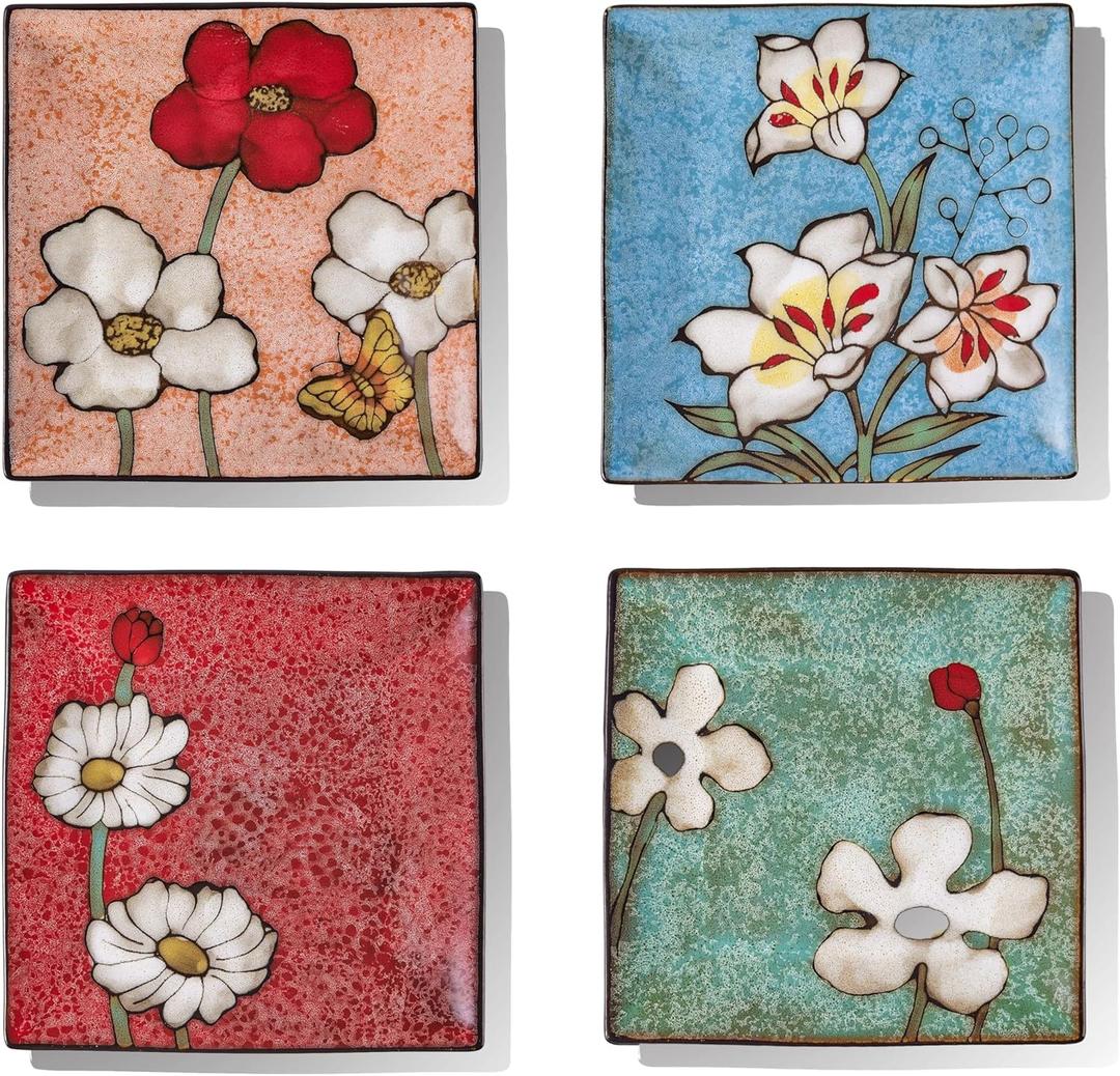 Porcelain Square Dessert Salad Pasta Plates 7.5 inches ceramic plates set of 4 Stackable Dinner Plates for Steak, Pasta, Salad, Snacks, DessertMicrowave and Dishwasher Safe (Multicolor A, 7.5 Inch)