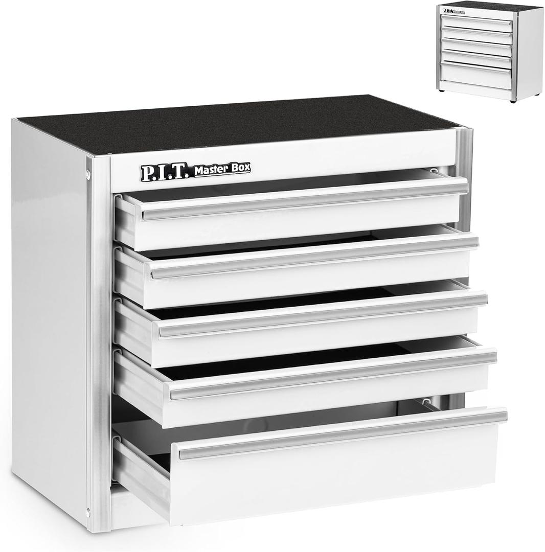 P.I.T. Mini Tool Box 8.6"W X 4.6"D, Portable 5-Drawer Micro Steel Stackable Toolbox with Liner, White Cute Tool Case for Small Tools Parts Storage, Home DIY