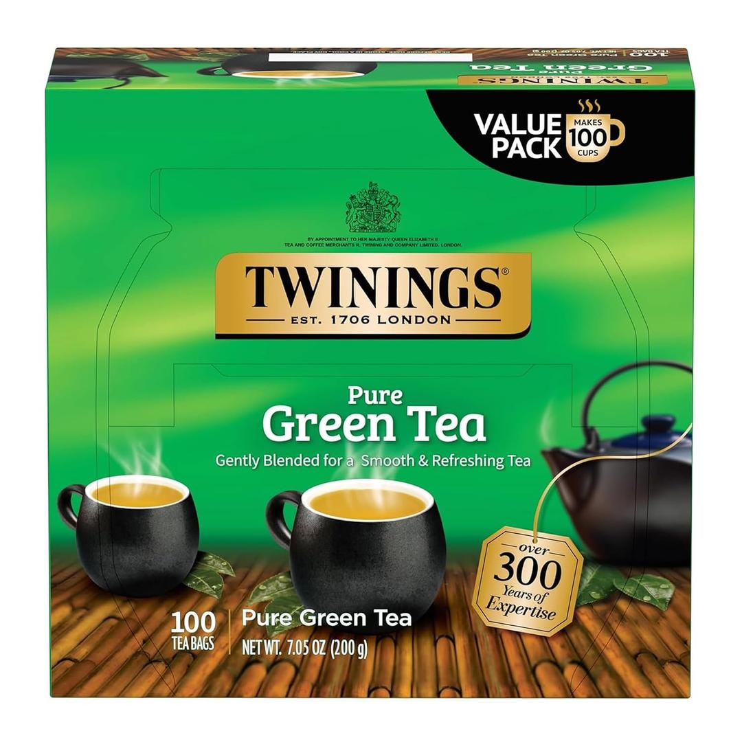 Twinings Pure Green Tea Individually Wrapped Bags, 100 Count (Pack of 1), Smooth & Refreshing, Caffeinated, Enjoy Hot or Iced, 100 Teabags (EXP 09/01/28)