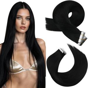 Moresoo Black Tape in Hair Extensions Real Human Hair 20Pcs Jet Black Hair Extensions Tape in 10 Inch Short Glue in Extensions Human Hair 30G Straight Hair Color #1